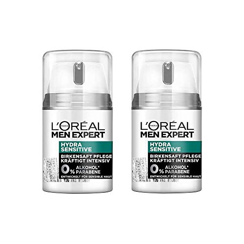 L'Oréal Men Expert Hydra Sensitive Gesichtspflege, mit Birkensaft, empfindliche, trockene und sensible Männerhaut beugt schuppiger Haut vor (2 x 50 ml)
