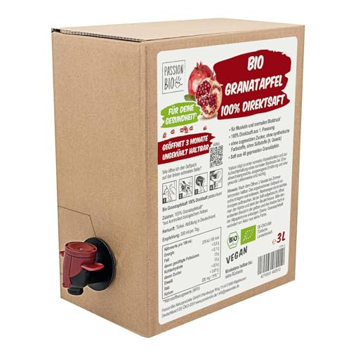 Bio Granatapfel Direktsaft 3 Liter Box - Granatapfelsaft aus 100% , 30 Tage Vorratspackung - Veganer Saft, ohne zugesetzten Zucker, ohne Süßstoffe (lt. Gesetz)