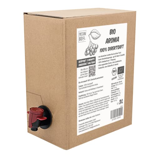 Bio Aronia Direktsaft 3 Liter Box aus deutschem Anbau - Aroniasaft aus 100% Aroniabeeren, 30 Tage Vorratspackung - Veganer Aronia Saft, ohne zugesetzten Zucker, ohne Süßstoffe (lt. Gesetz)