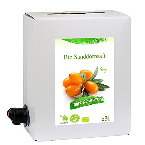 GutFood - 3 Liter Bio Sanddornsaft - Bio Sanddorn Saft in praktischer Bag in Box Packung ( 1 x 3 l Saftbox ) - Muttersaft aus Erstpressung in absoluter Spitzenqualität aus ökologischem Landbau