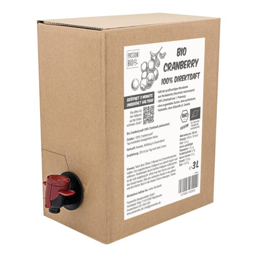 Bio Cranberry Direktsaft 3 Liter Box - Cranberry Saft aus 100% Bio Cranberries, 30 Tage Vorratspackung - Veganer Cranberry Muttersaft, ohne Zuckerzusatz, ohne Süßstoffe (lt. Gesetz)