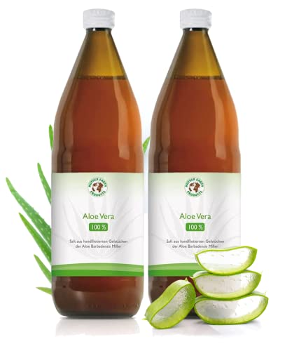 Aloe Vera Bio-Direktsaft 100% | Handfiletiert | Reich an natürlichen Inhaltsstoffen | Durchschnittlich 1200mg/l Aloverose | Braunglasflaschen | 2 x 1000ml