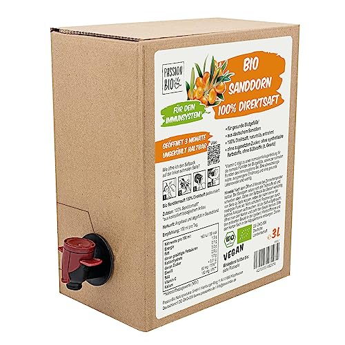 Bio Sanddorn Direktsaft 3 Liter Box aus deutschem Anbau - Sanddornsaft aus 100% Sanddornbeeren - Veganer Sanddorn Saft als natürliche Vitamin C Quelle, ohne Zuckerzusatz, ohne Süßstoffe (lt. Gesetz)