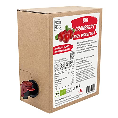 Bio Cranberry Direktsaft 3 Liter Box - Cranberry Saft aus 100% Bio Cranberries, 30 Tage Vorratspackung - Veganer Cranberry Muttersaft, ohne Zuckerzusatz, ohne Süßstoffe (lt. Gesetz)